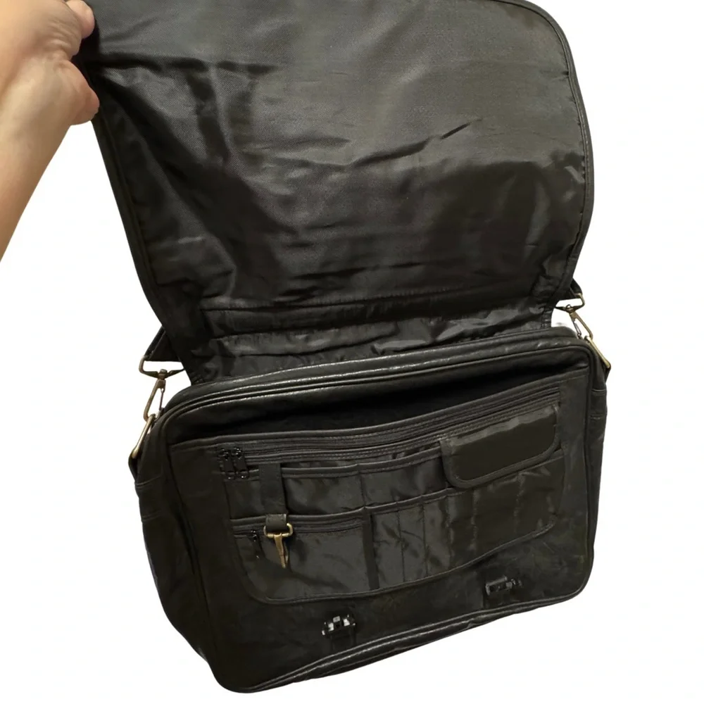 Vintage Black Leather Messenger Laptop Bag Multi Pocket Work Bag Toppers